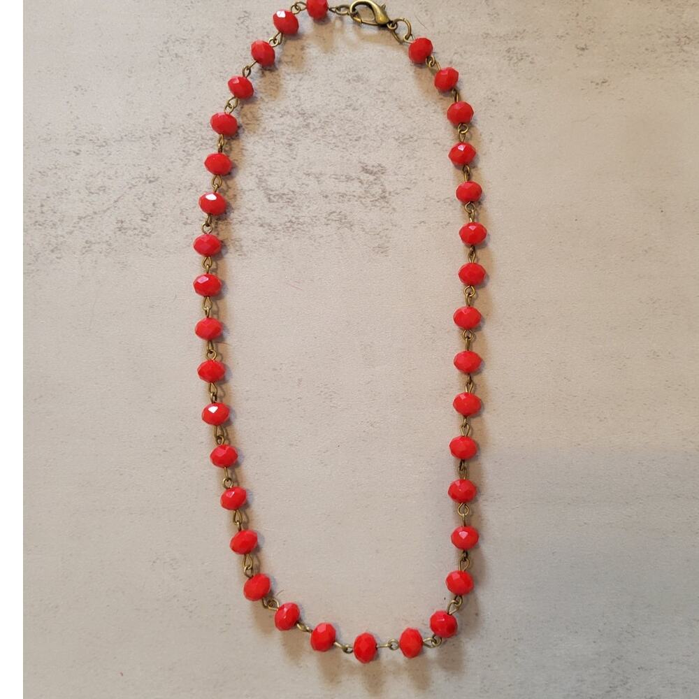 Copper Chain Red Face Cut Crystal Bead Necklace — 17"